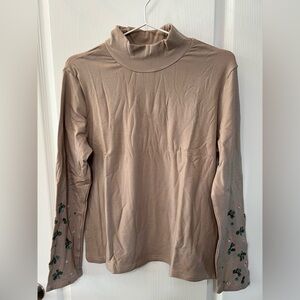 Elegant Tan Turtleneck Top with Floral Embroidery